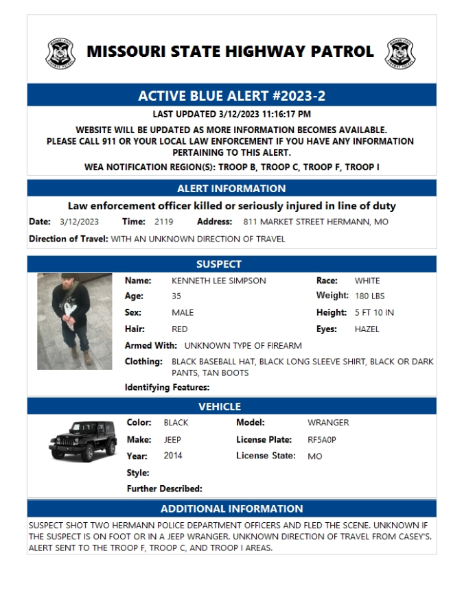 Blue Alert issued in Hermann, Mo., shooting